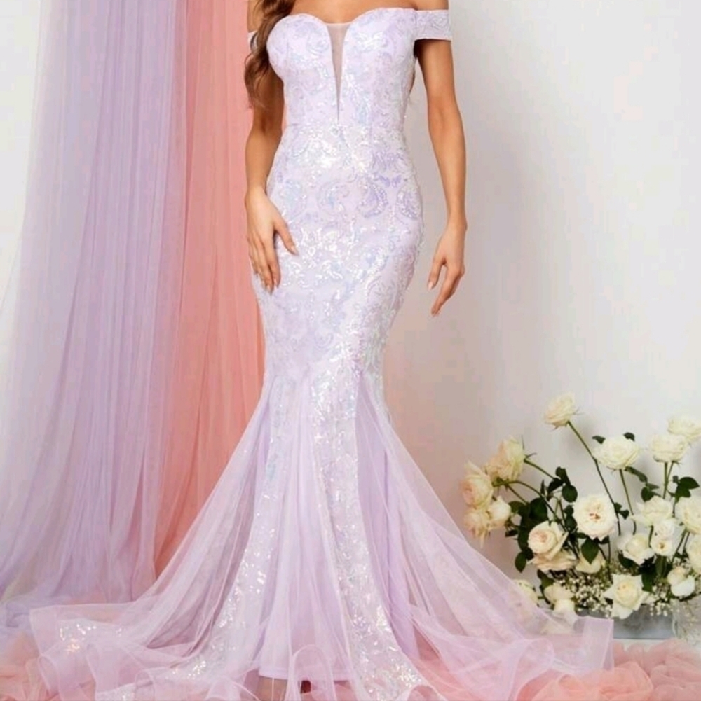 Mauve/Purple, Contrast Sequin and Contrast Mesh Mermaid Maxi Formal Gown - Picture 5 of 8